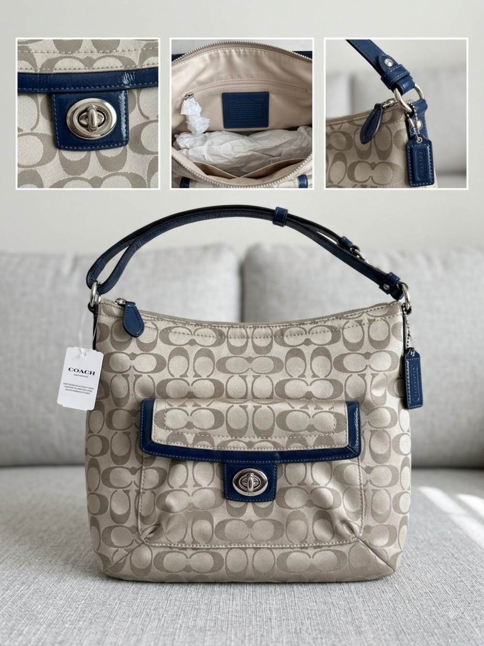 Coach Beige Signature Canvas Hobo with Navy Leather Trim and Turnlock